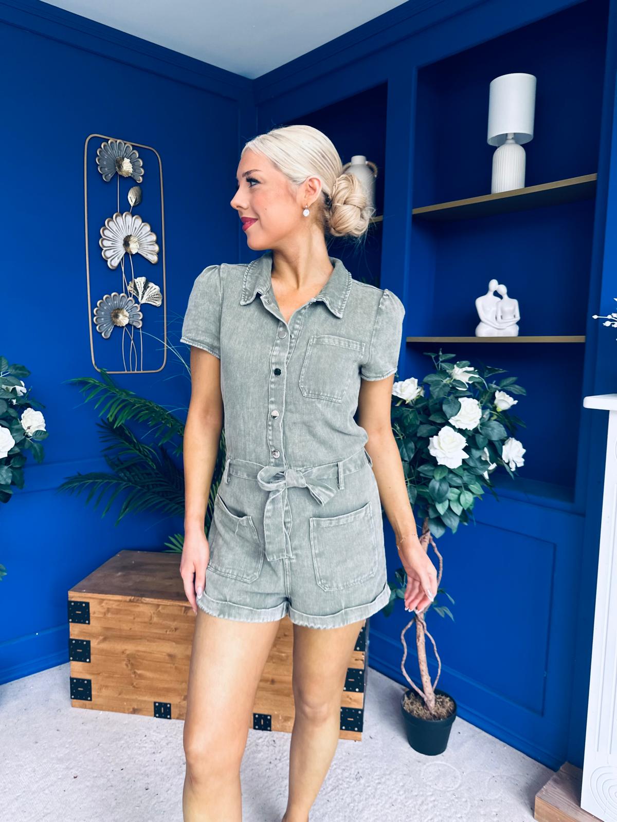 Riley Short Sleeve Denim Playsuit Khaki
