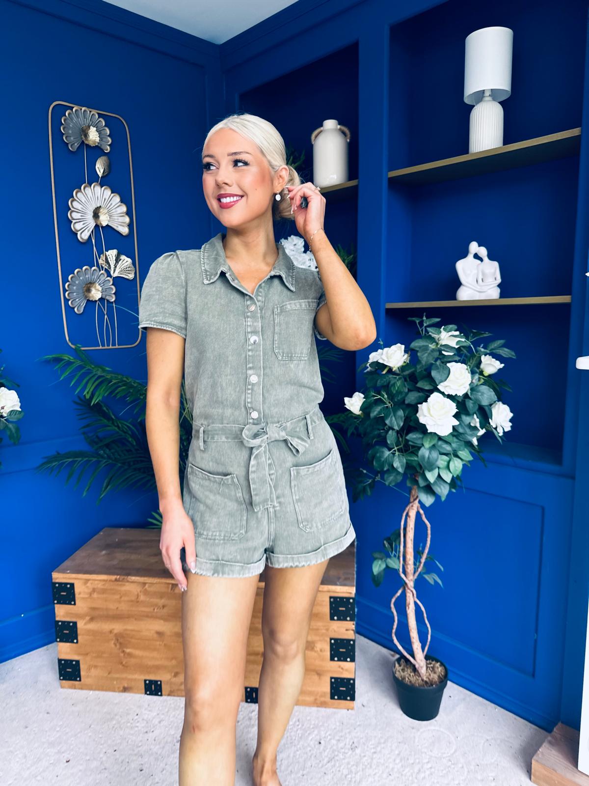 Riley Short Sleeve Denim Playsuit Khaki