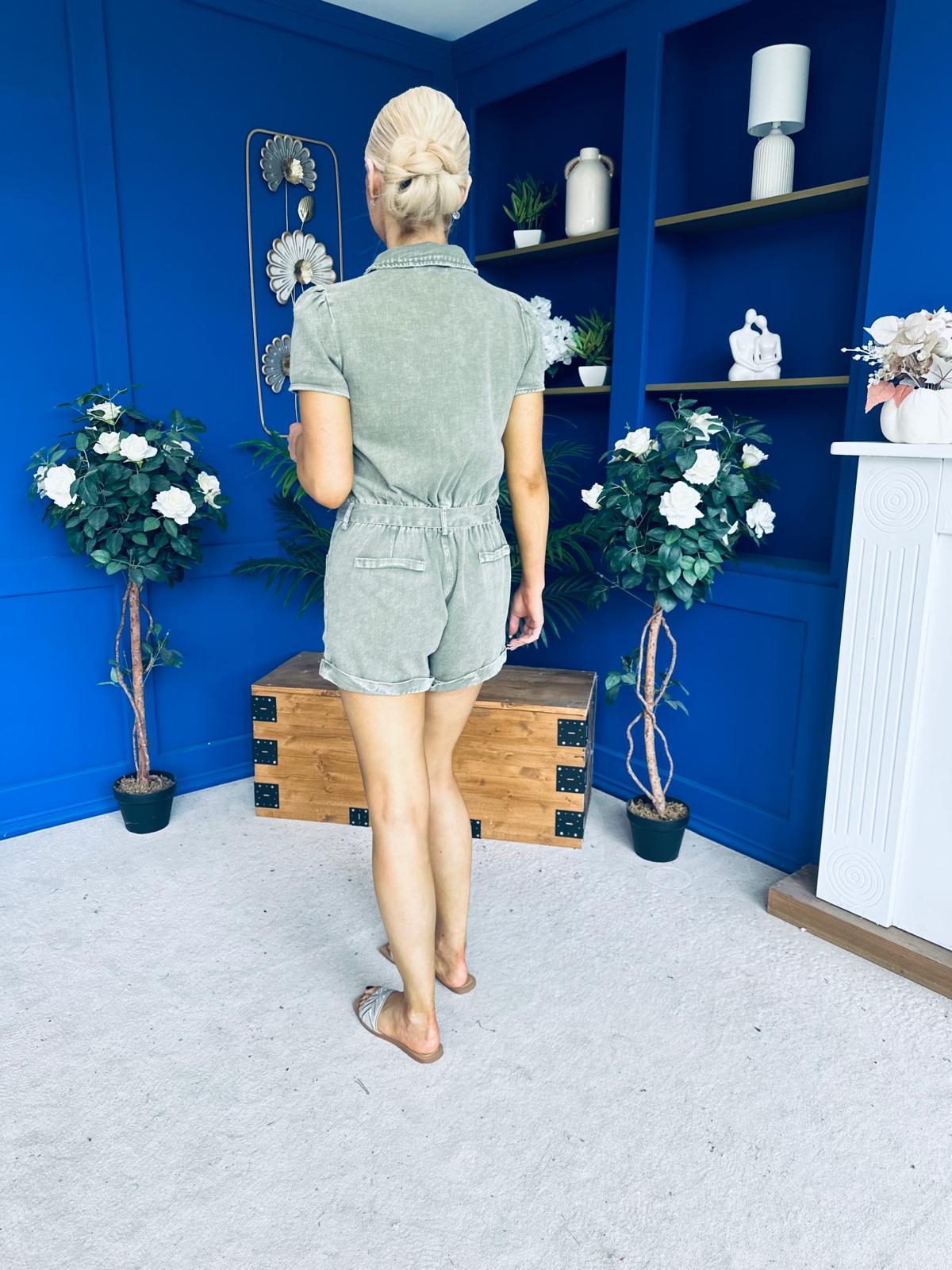 Riley Short Sleeve Denim Playsuit Khaki