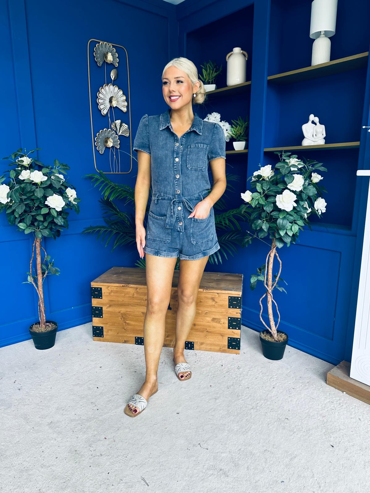 Riley Short Sleeve Denim Playsuit Navy