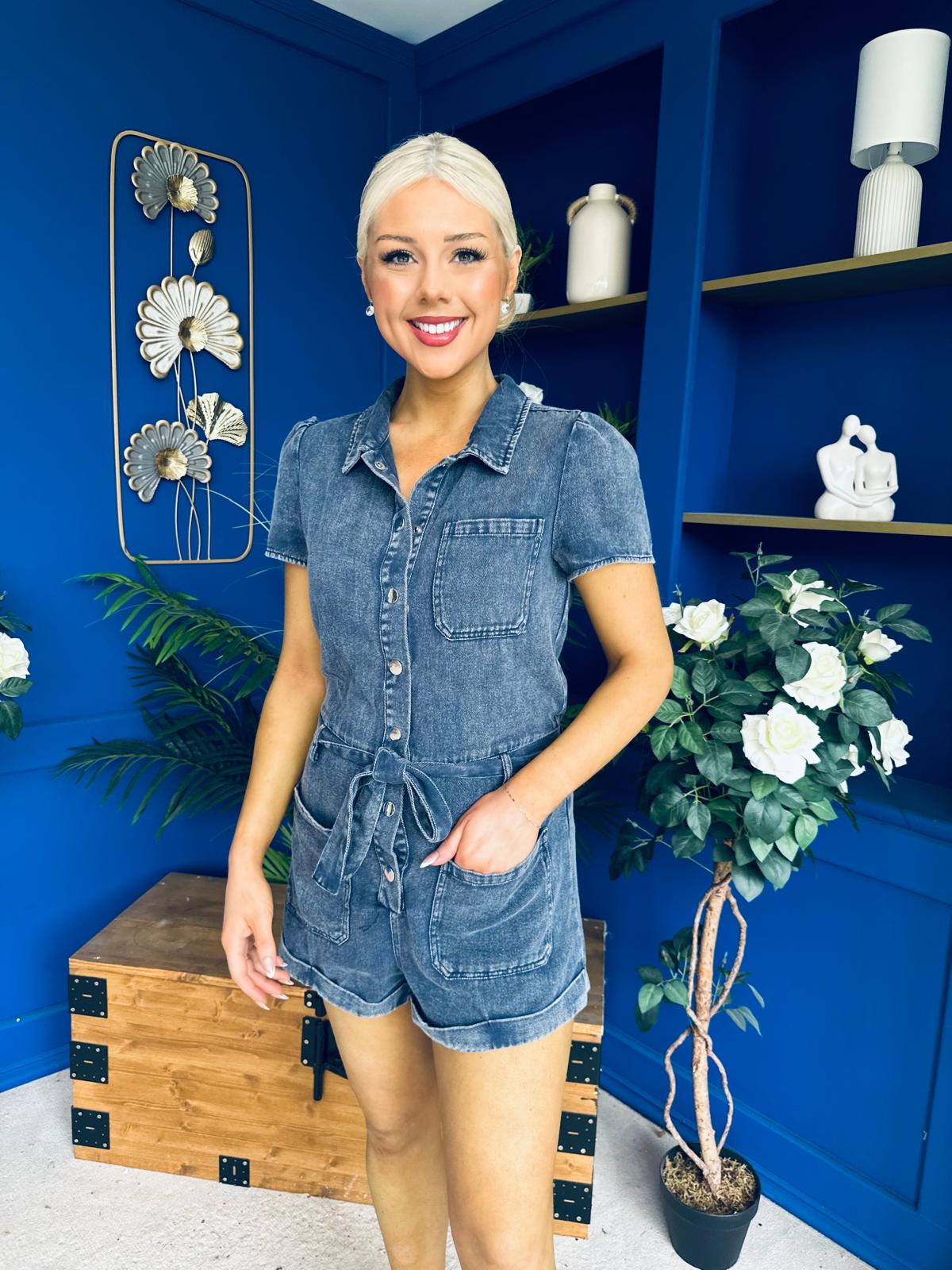 Riley Short Sleeve Denim Playsuit Navy
