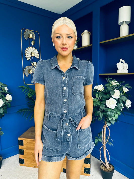 Riley Short Sleeve Denim Playsuit Navy