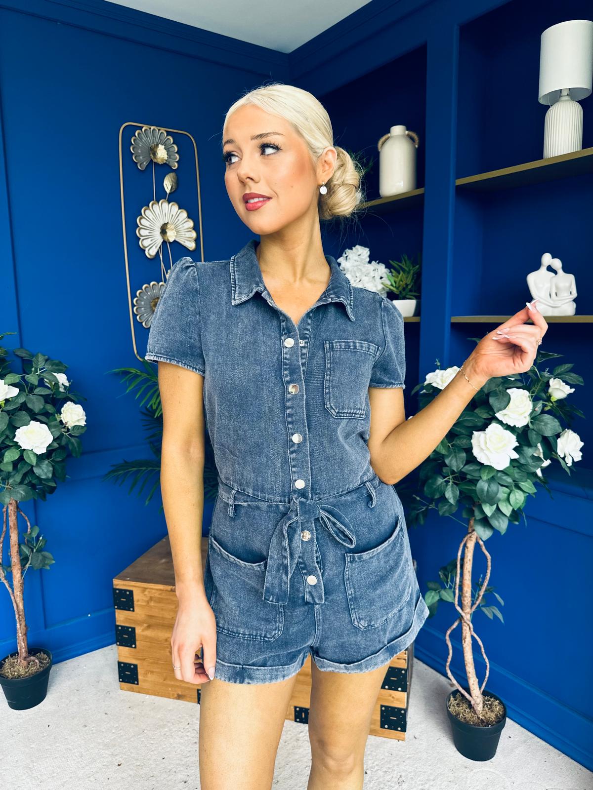 Riley Short Sleeve Denim Playsuit Navy