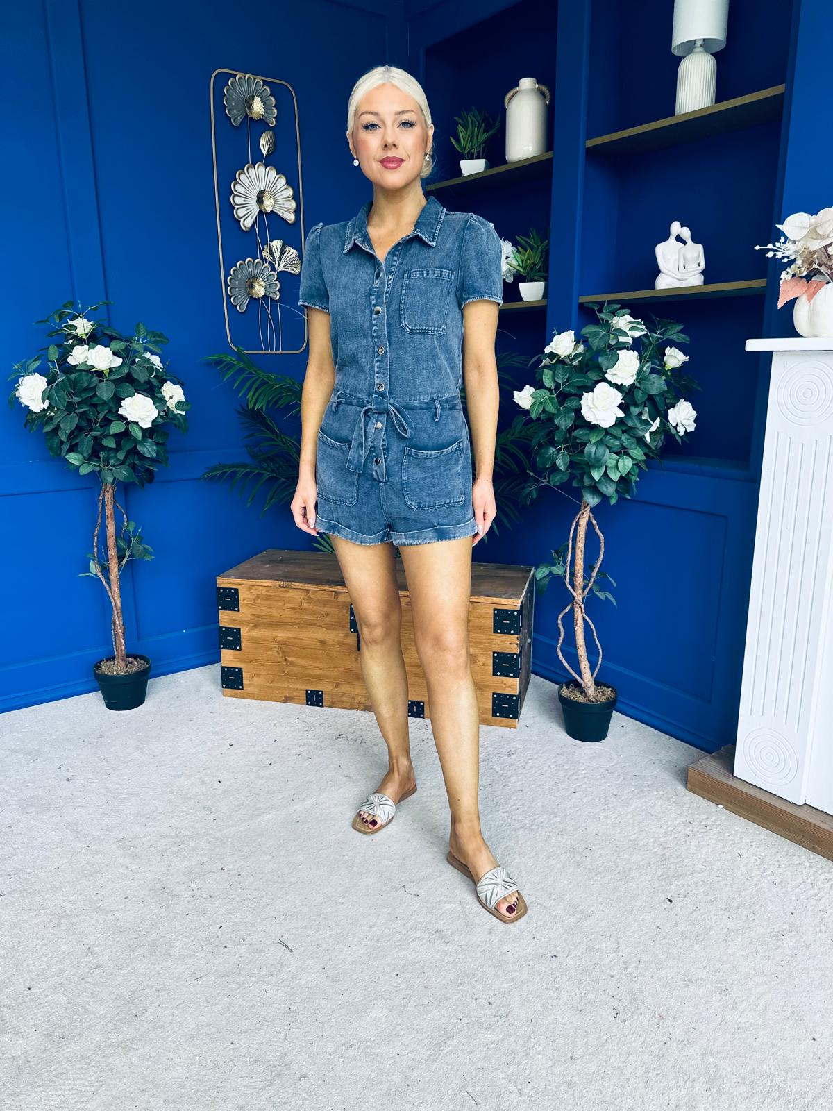 Riley Short Sleeve Denim Playsuit Navy