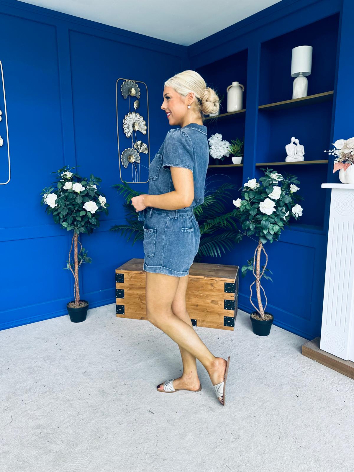 Riley Short Sleeve Denim Playsuit Navy
