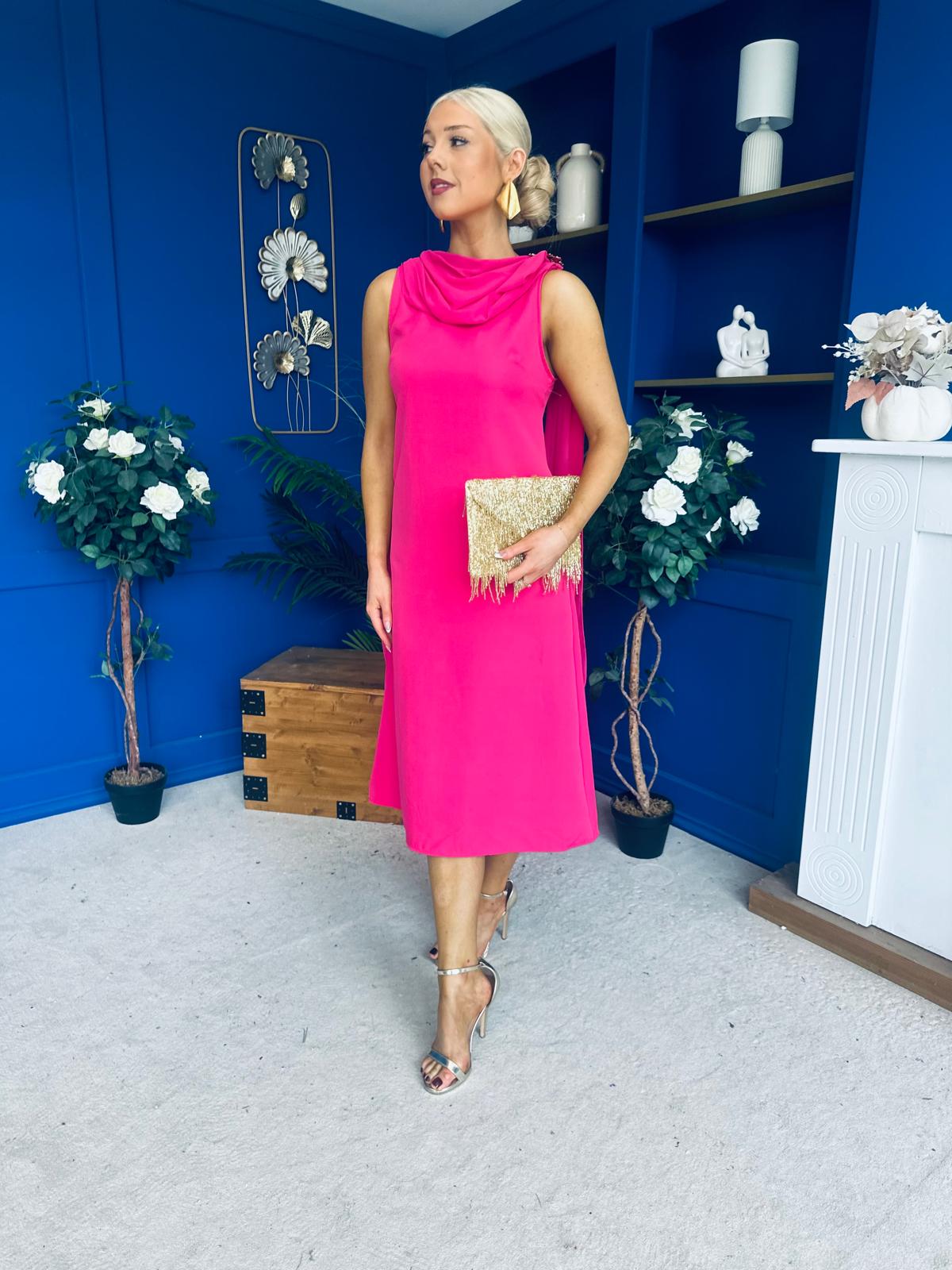Yasmin Drape Detail Midi Dress Hot Pink