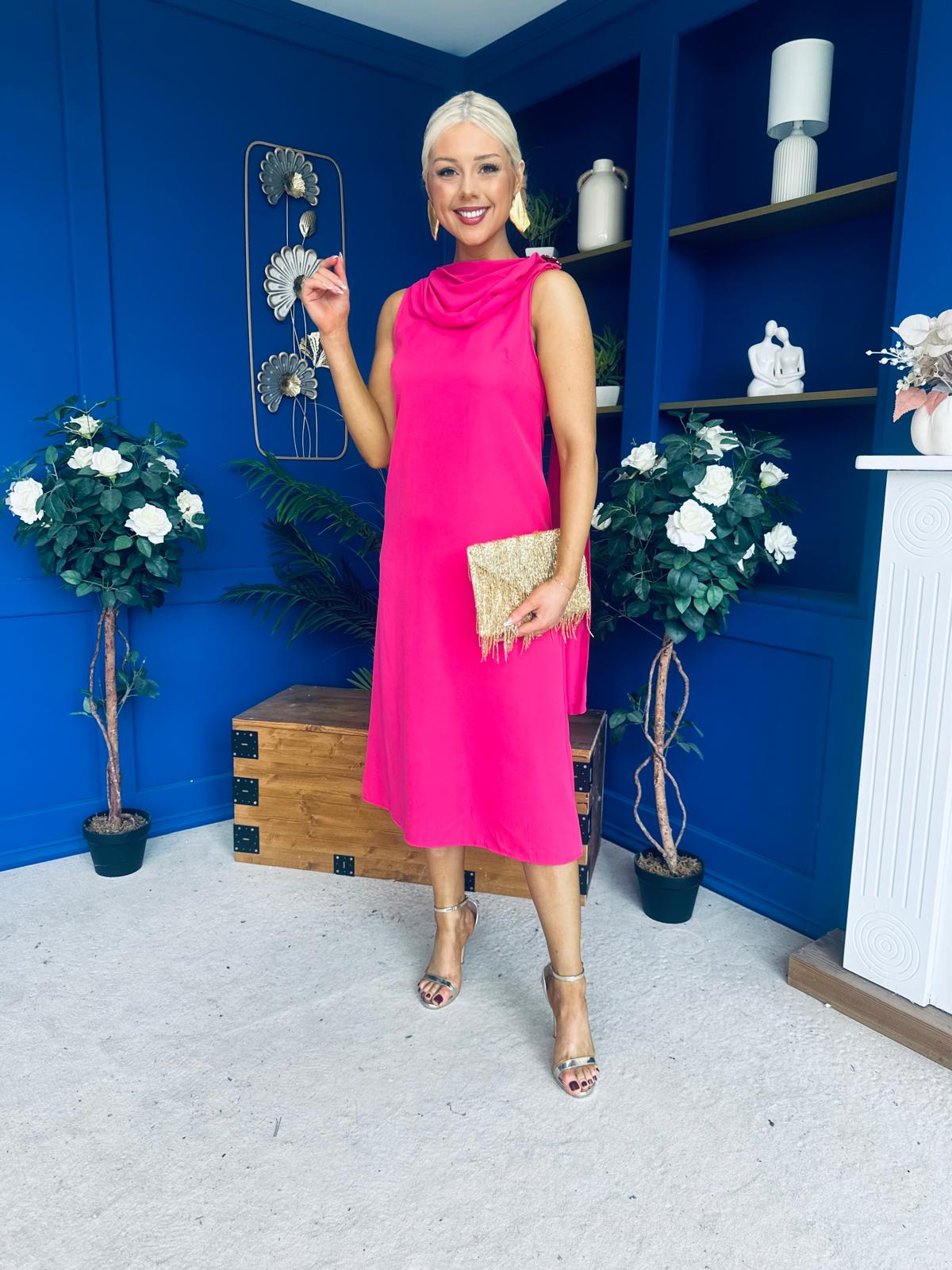 Yasmin Drape Detail Midi Dress Hot Pink