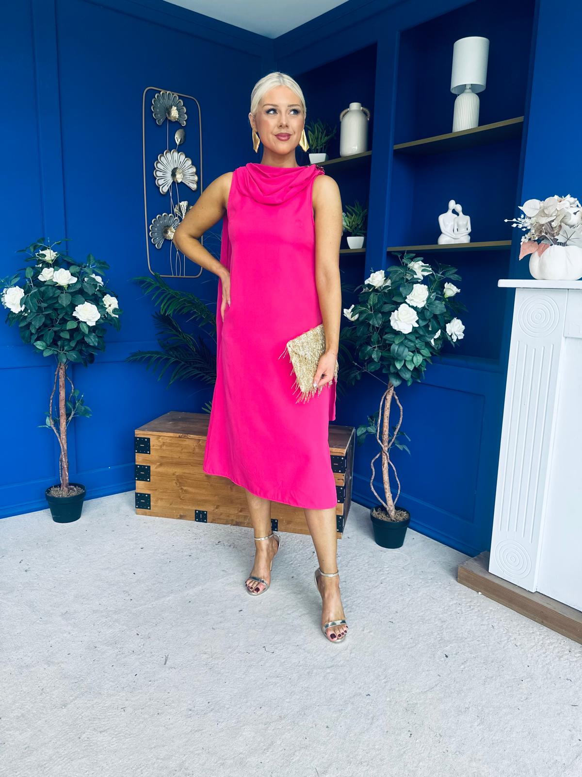Yasmin Drape Detail Midi Dress Hot Pink
