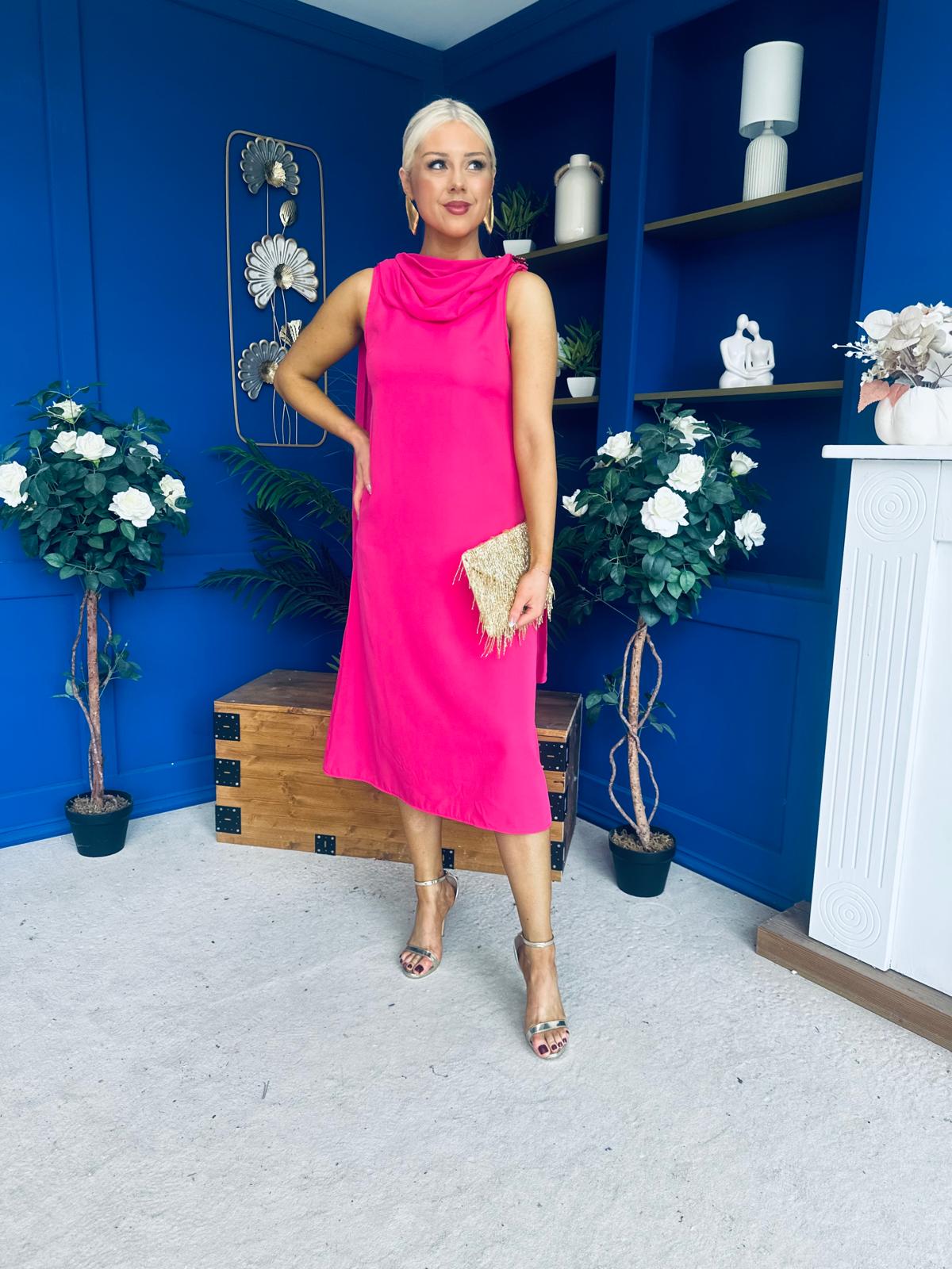Yasmin Drape Detail Midi Dress Hot Pink