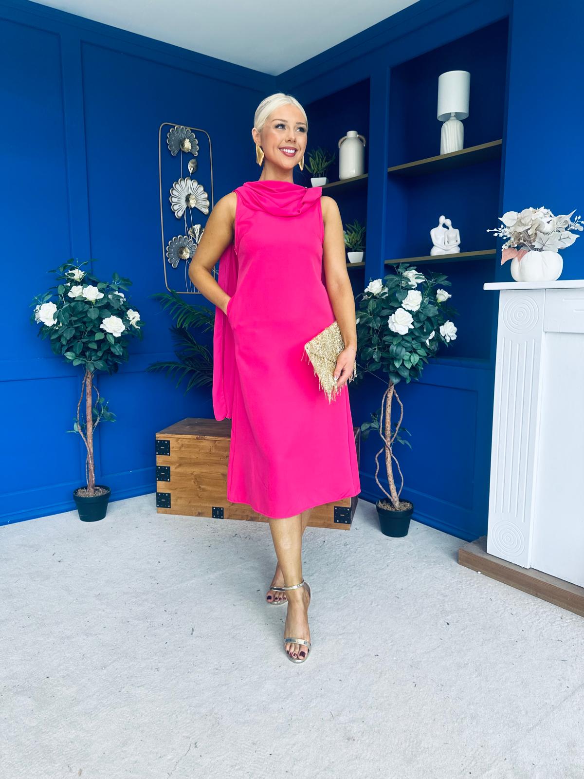 Yasmin Drape Detail Midi Dress Hot Pink