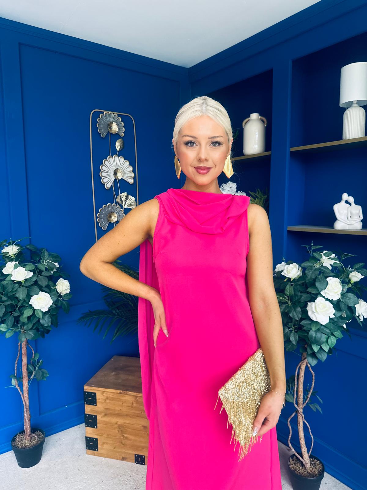 Yasmin Drape Detail Midi Dress Hot Pink