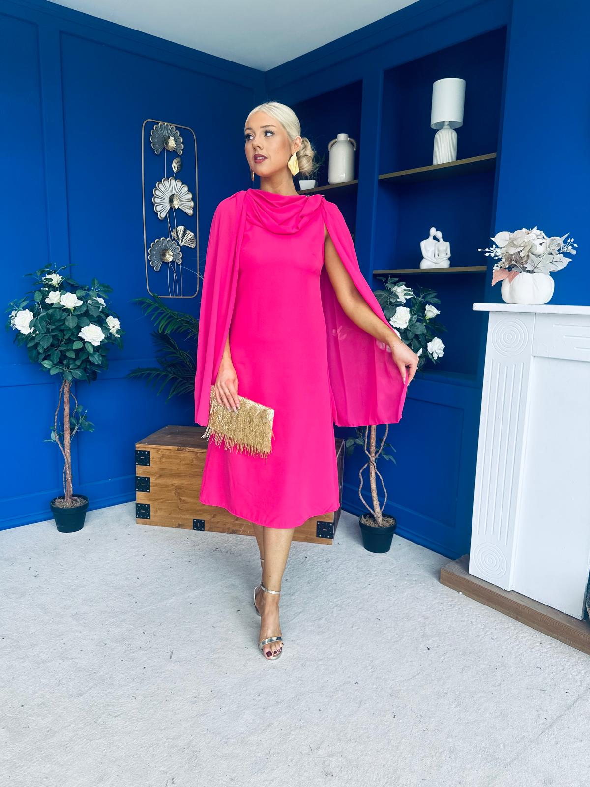 Yasmin Drape Detail Midi Dress Hot Pink
