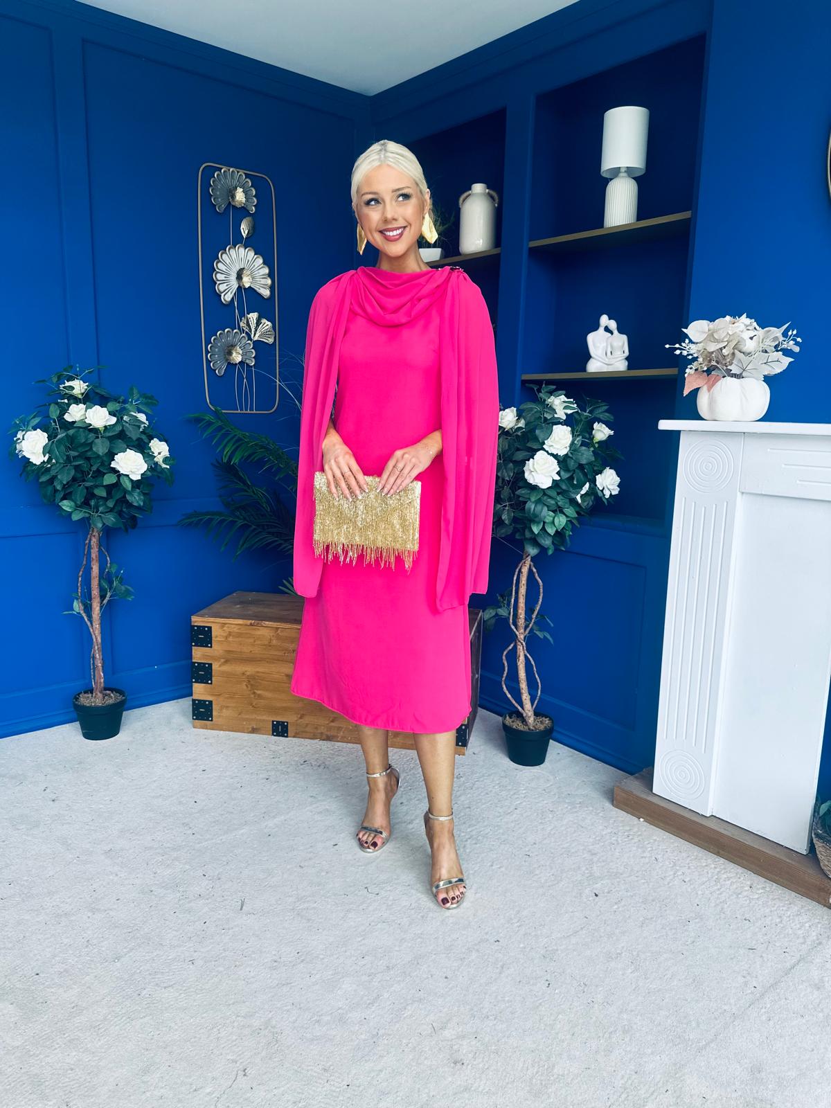 Yasmin Drape Detail Midi Dress Hot Pink