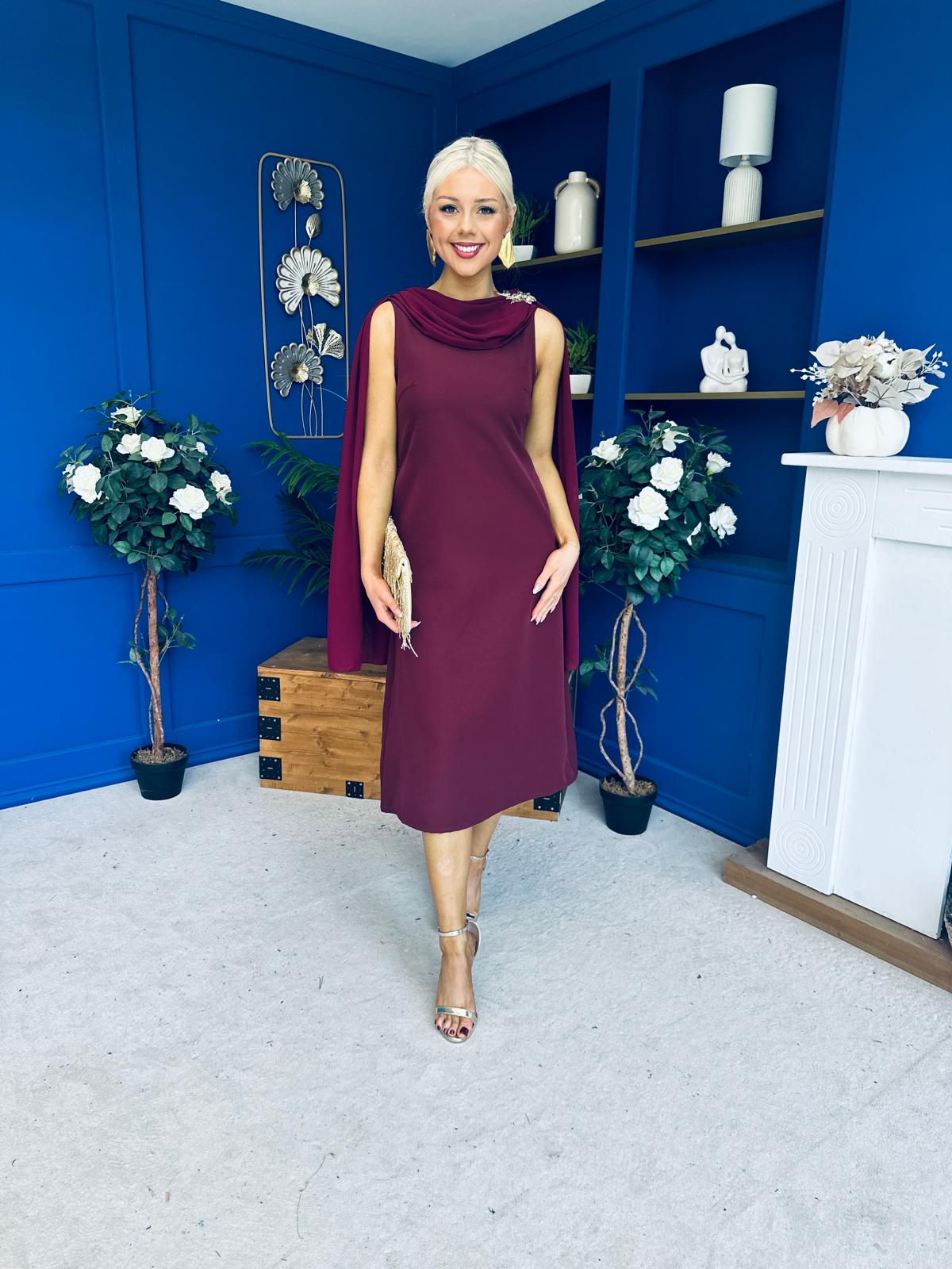 Yasmin Drape Detail Midi Dress Wine