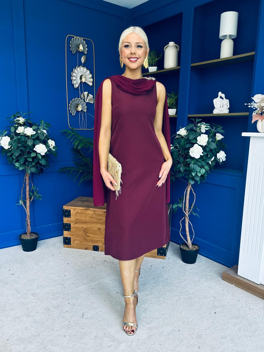 Yasmin Drape Detail Midi Dress Wine