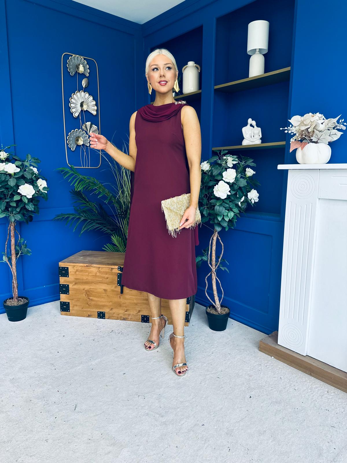Yasmin Drape Detail Midi Dress Wine