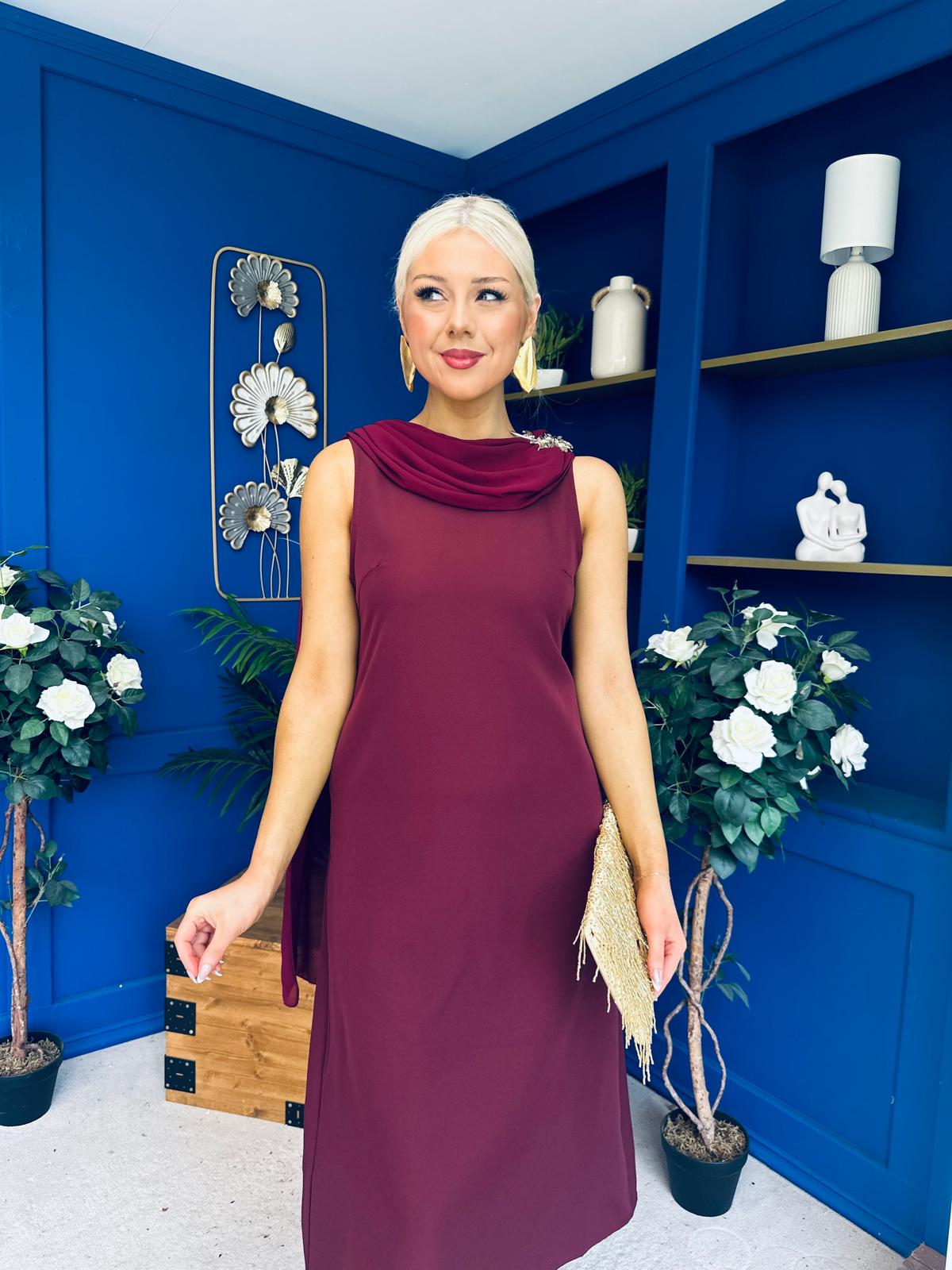 Yasmin Drape Detail Midi Dress Wine