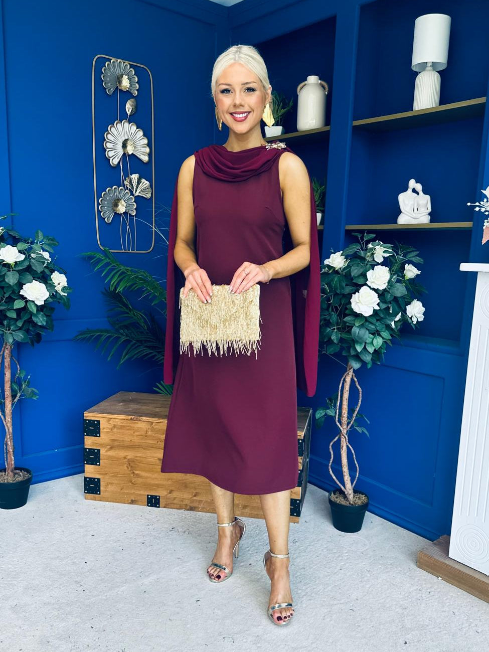 Yasmin Drape Detail Midi Dress Wine
