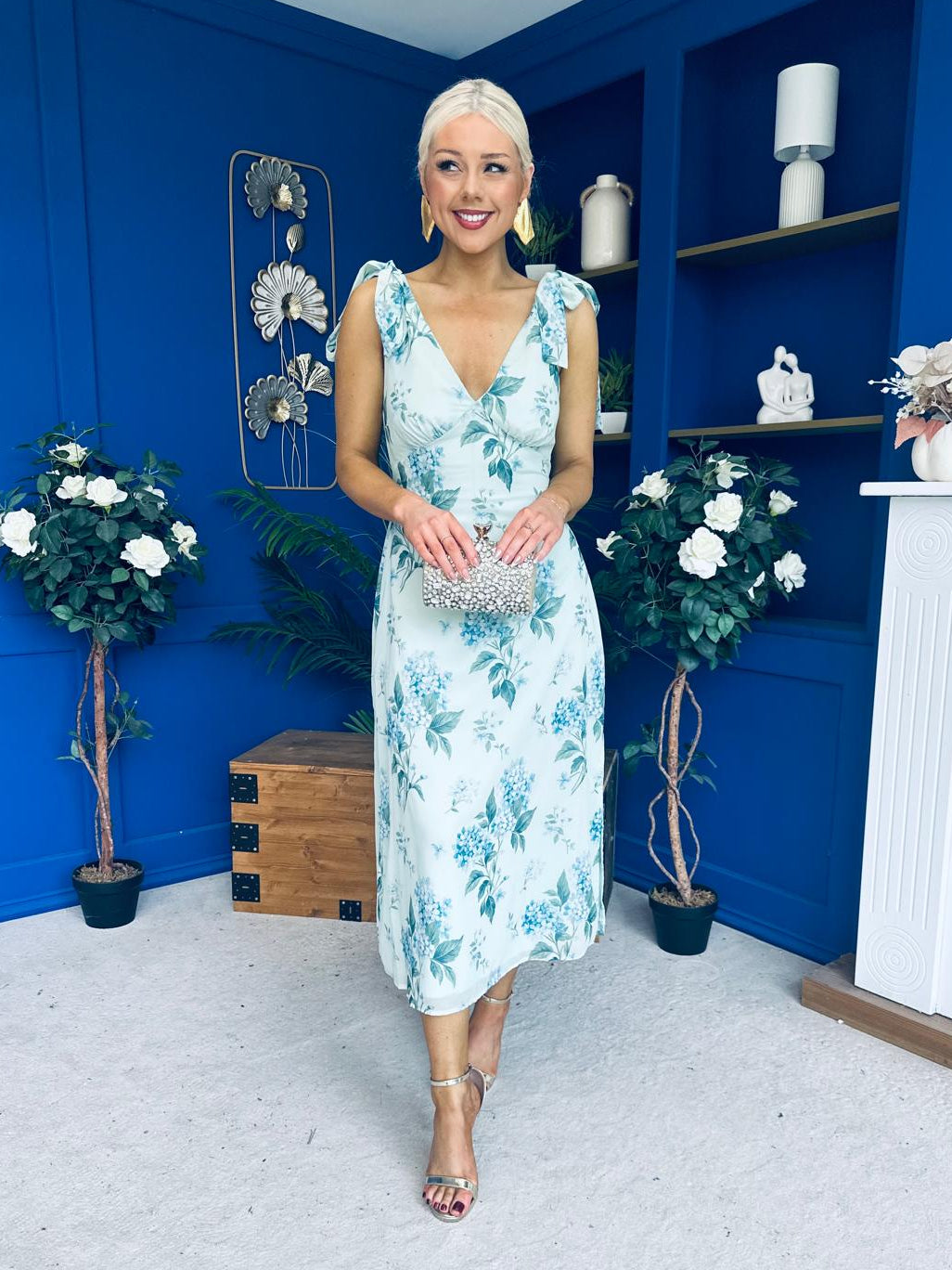 Beverly Floral Tie Shoulder Midi Dress Green