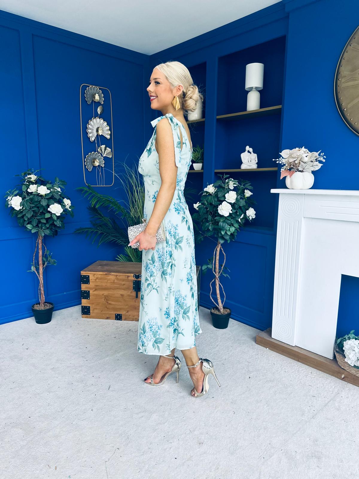 Beverly Floral Tie Shoulder Midi Dress Green