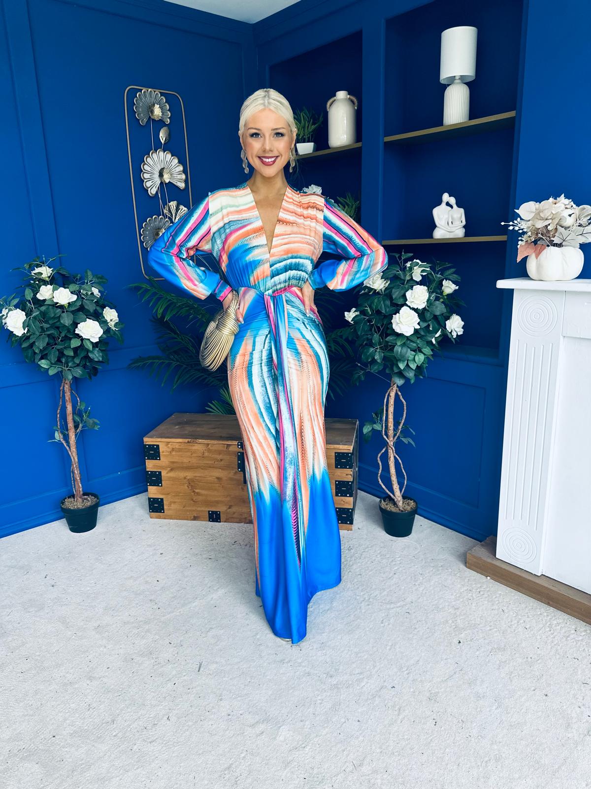 Catriona Plunge Neck Drape Detail Maxi Dress Blue