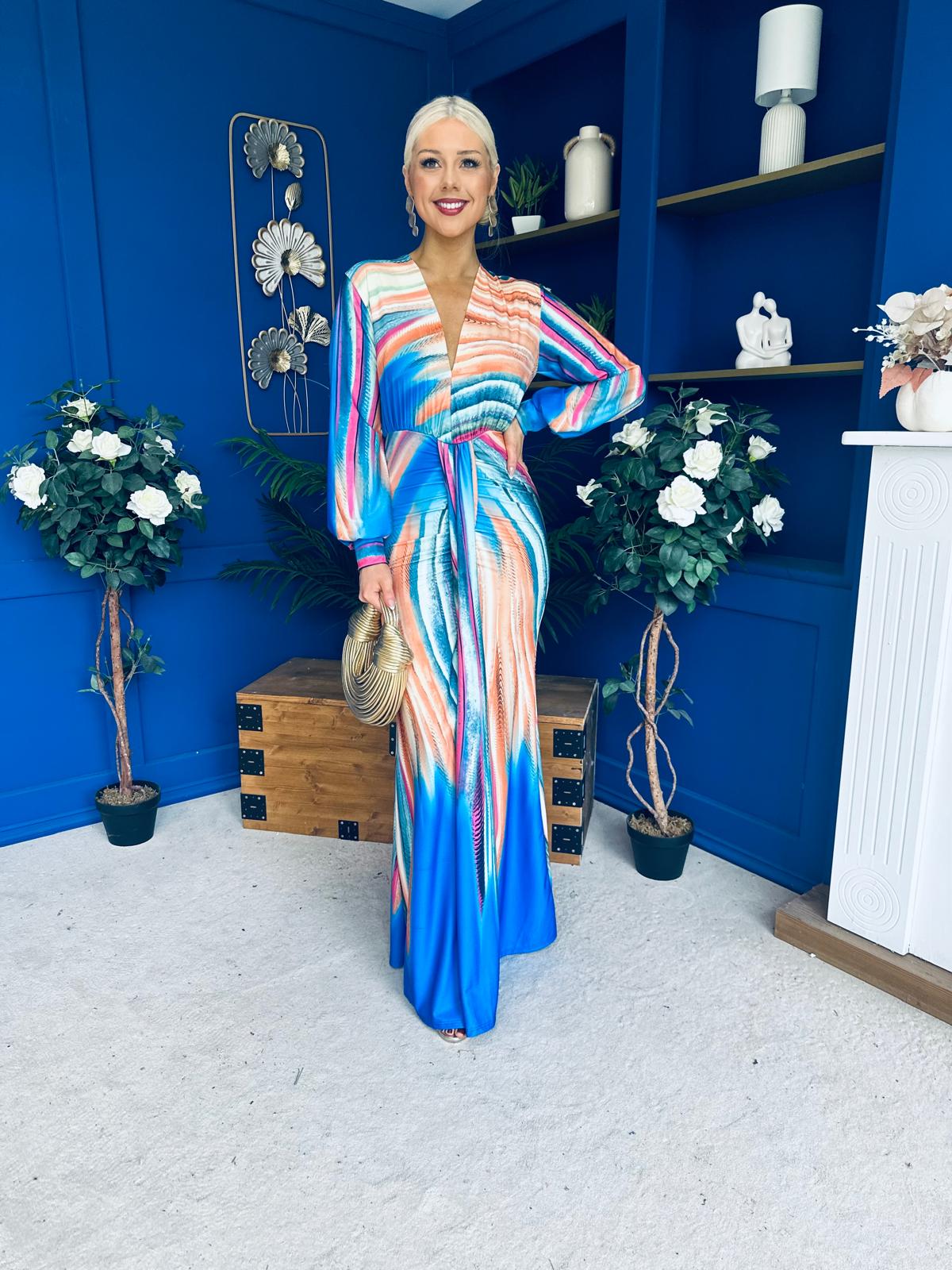Catriona Plunge Neck Drape Detail Maxi Dress Blue