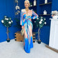 Catriona Plunge Neck Drape Detail Maxi Dress Blue