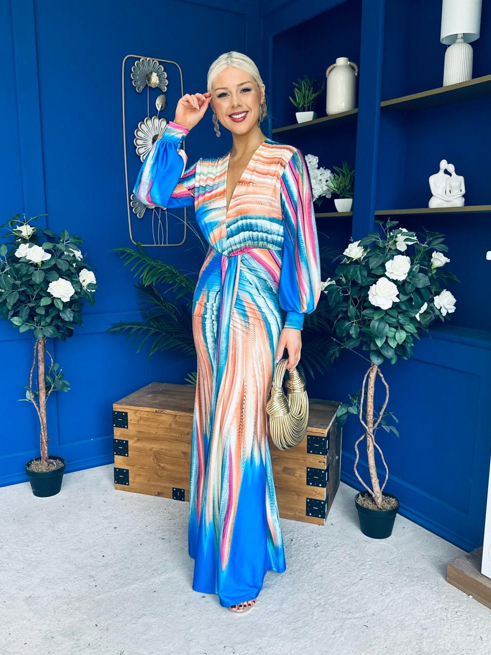 Catriona Plunge Neck Drape Detail Maxi Dress Blue