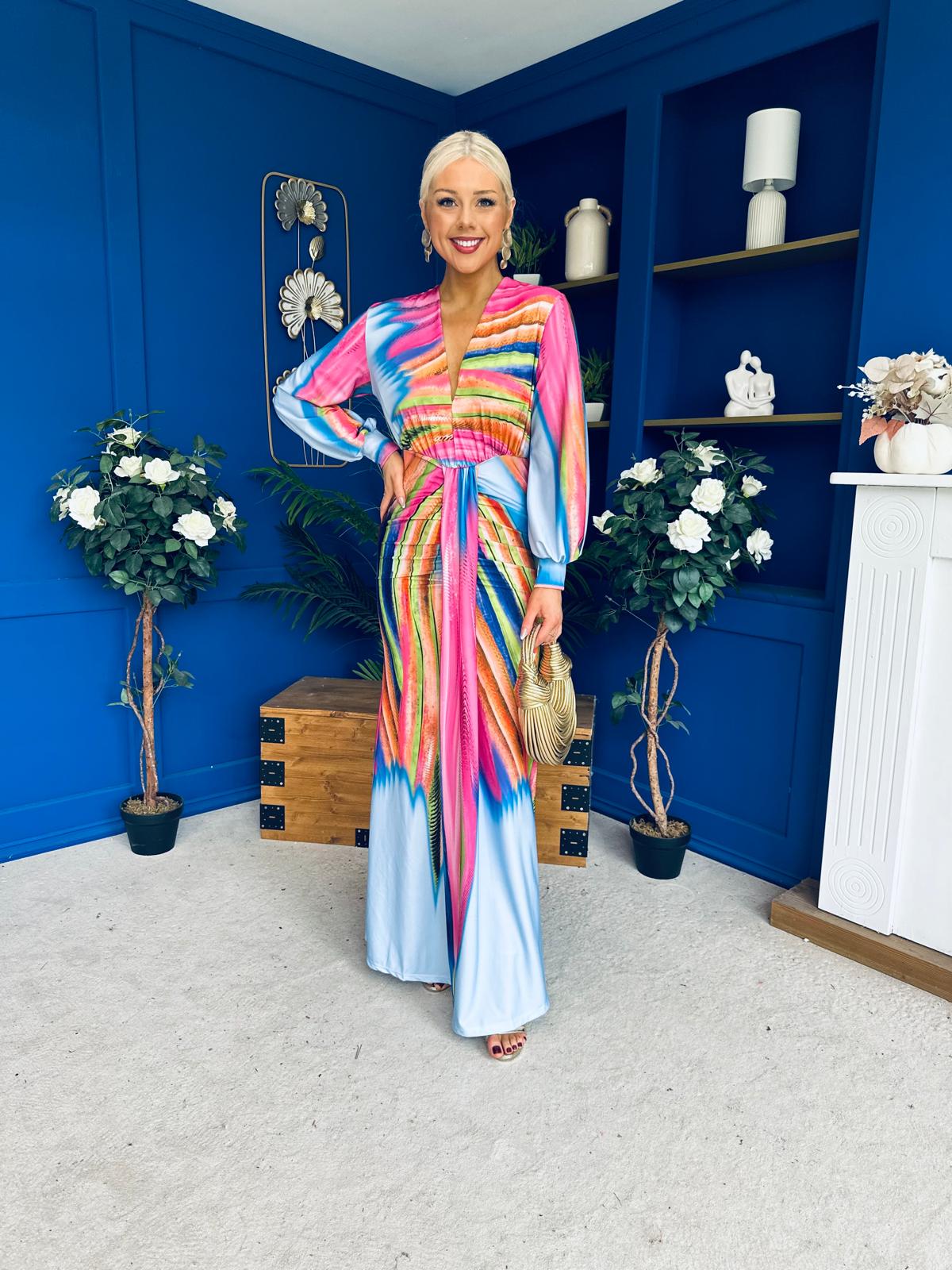 Catriona Plunge Neck Drape Detail Maxi Dress Sky