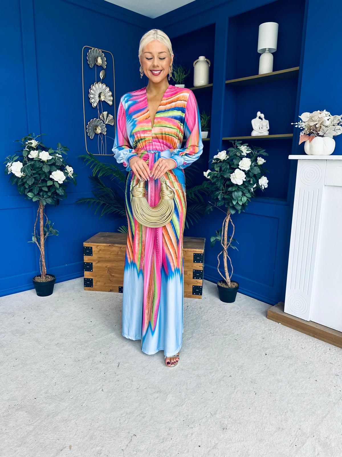 Catriona Plunge Neck Drape Detail Maxi Dress Sky