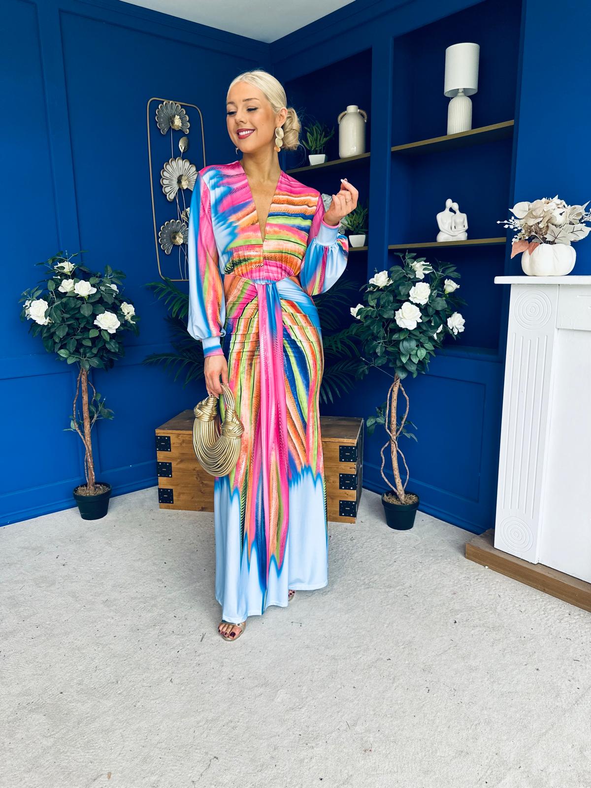 Catriona Plunge Neck Drape Detail Maxi Dress Sky