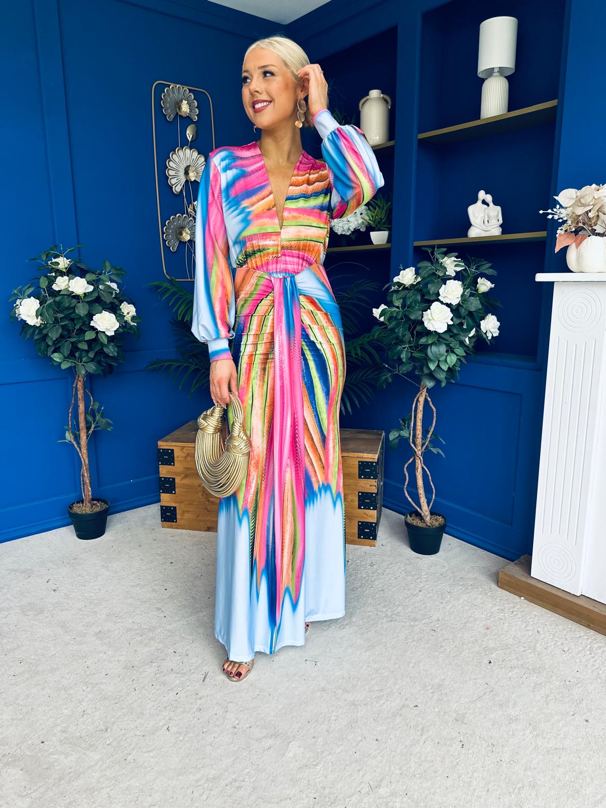 Catriona Plunge Neck Drape Detail Maxi Dress Sky