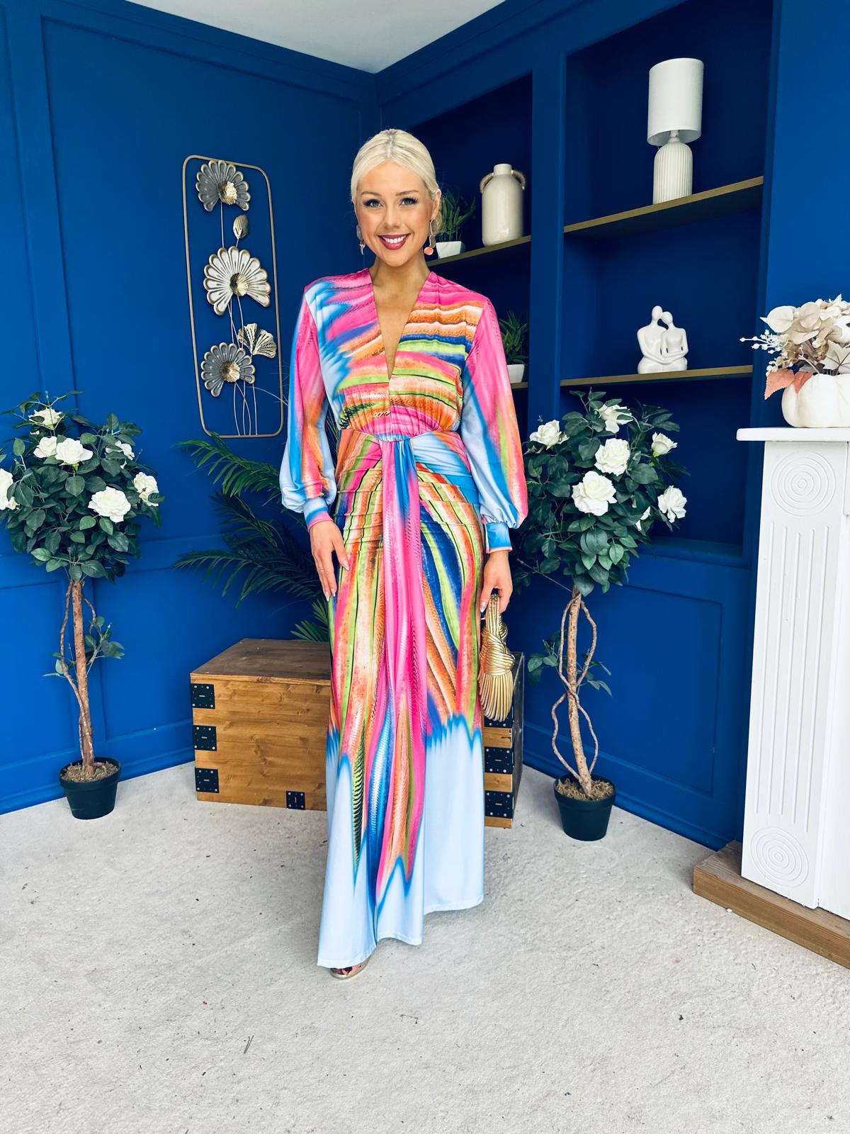 Catriona Plunge Neck Drape Detail Maxi Dress Sky