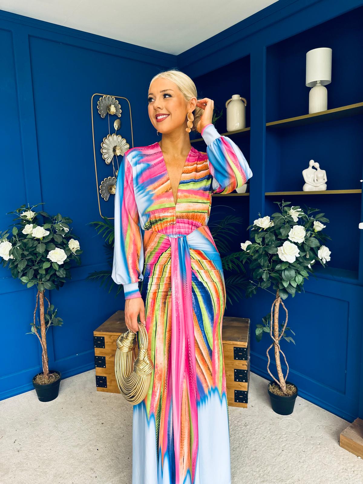 Catriona Plunge Neck Drape Detail Maxi Dress Sky