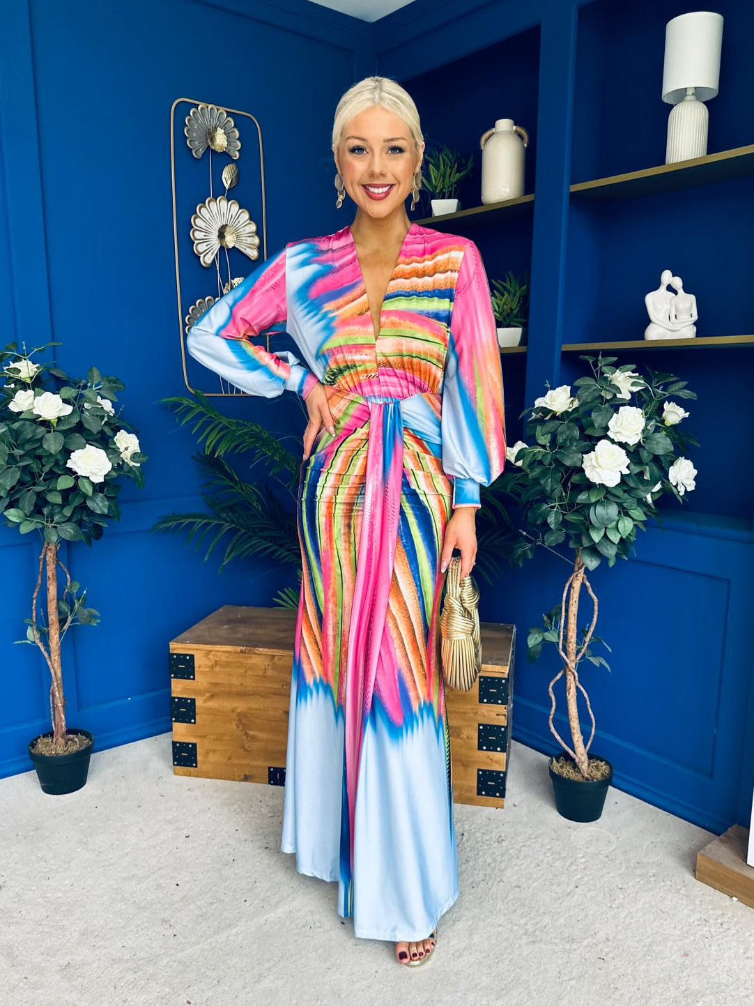 Catriona Plunge Neck Drape Detail Maxi Dress Sky