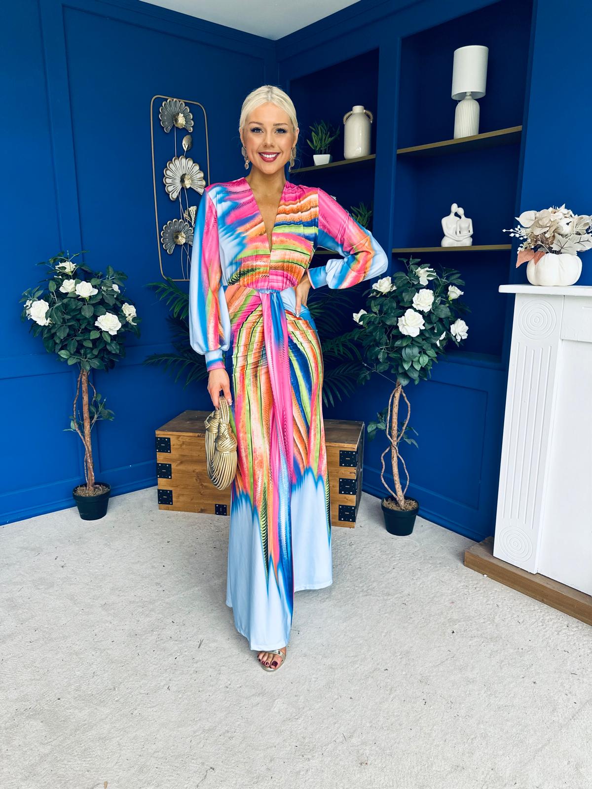 Catriona Plunge Neck Drape Detail Maxi Dress Sky