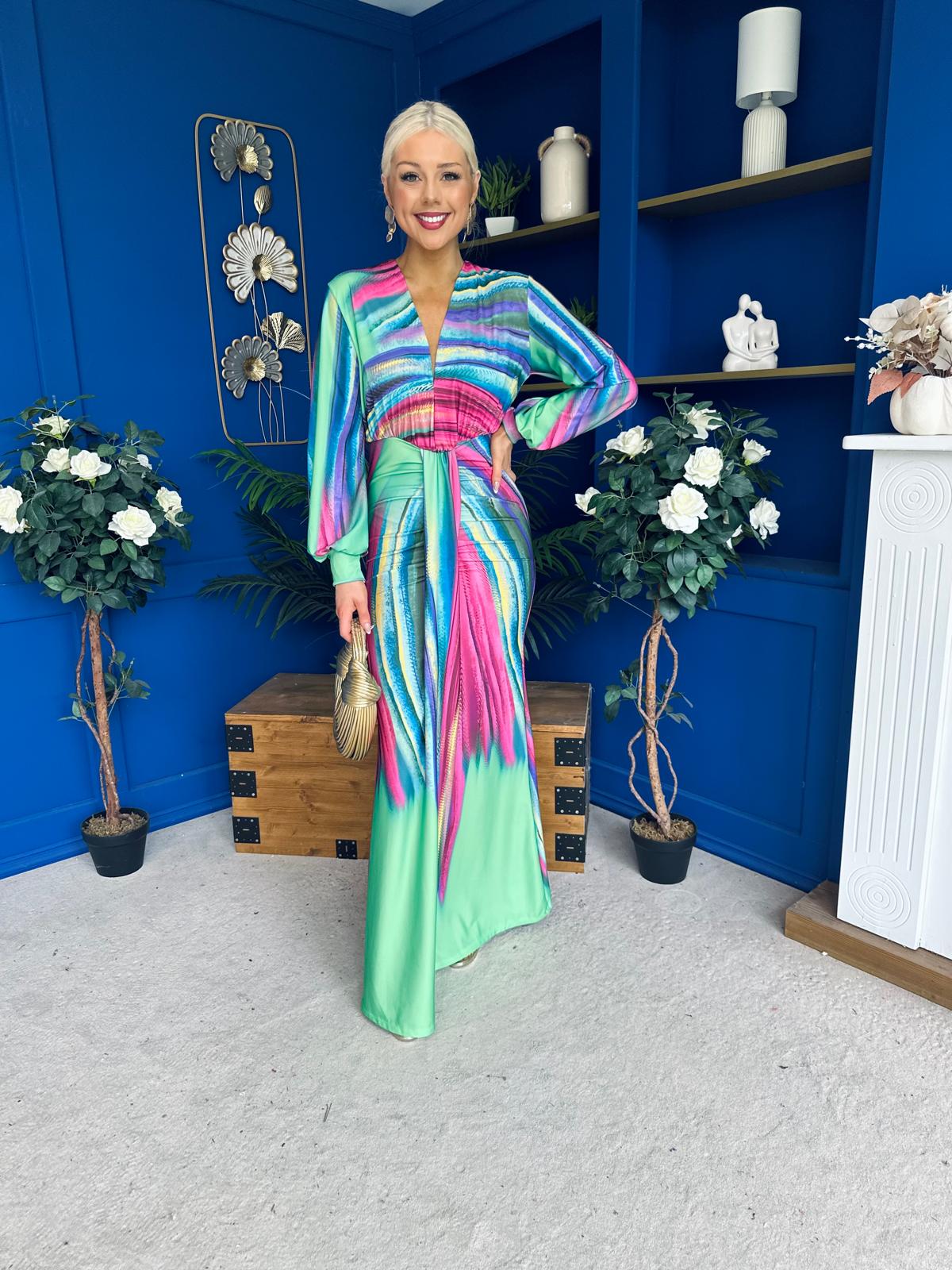 Catriona Plunge Neck Drape Detail Maxi Dress Green