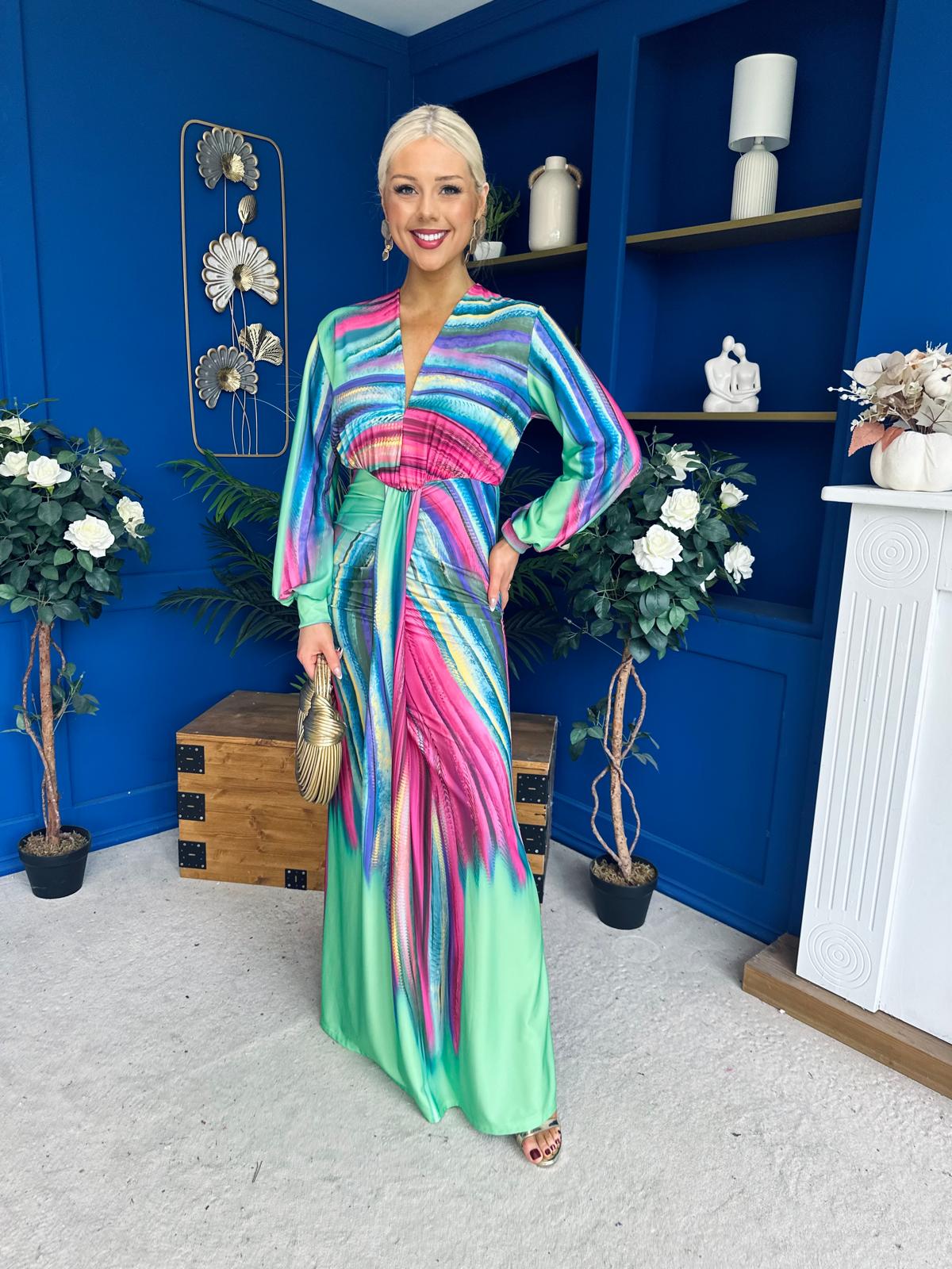 Catriona Plunge Neck Drape Detail Maxi Dress Green