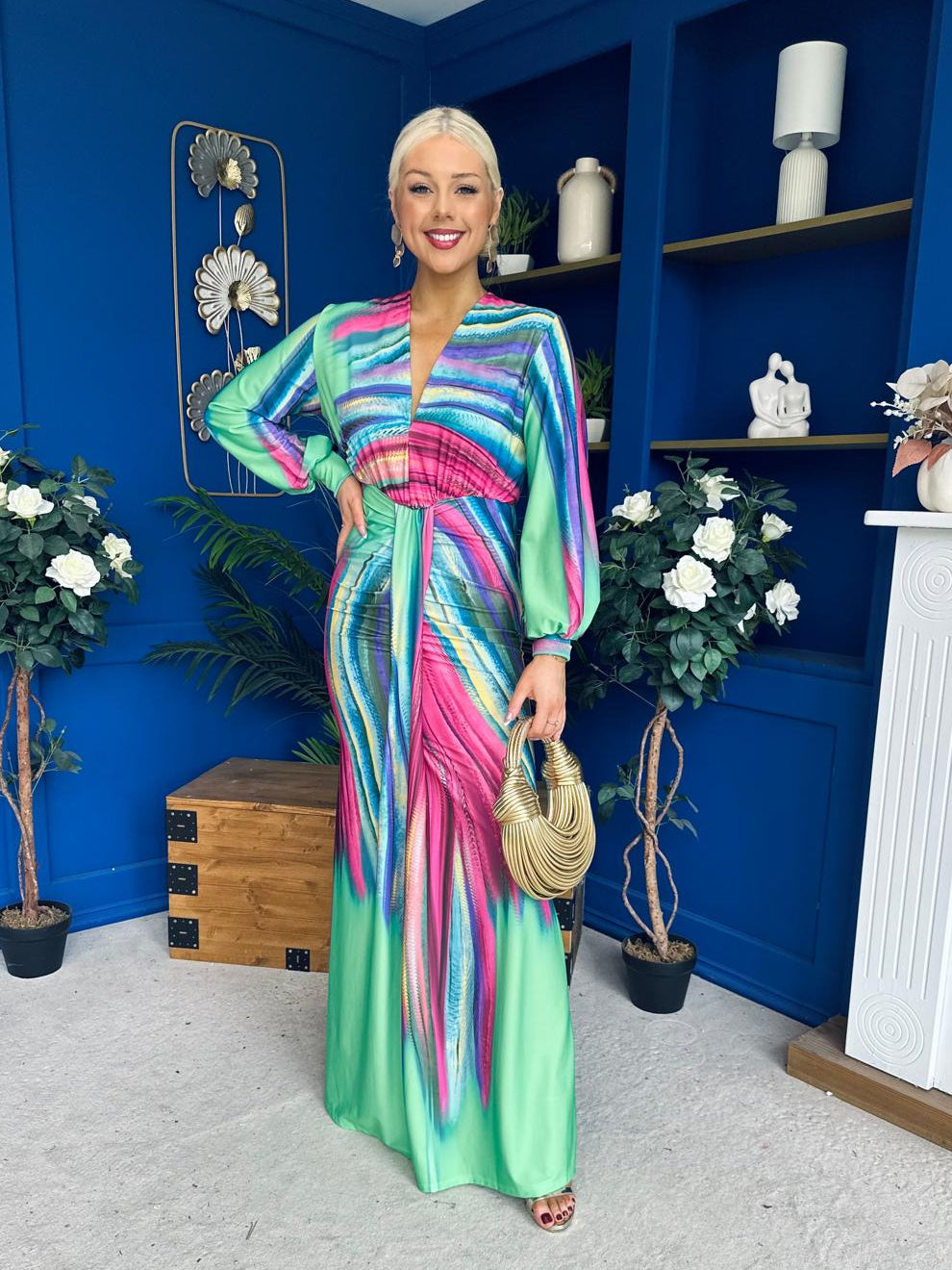 Catriona Plunge Neck Drape Detail Maxi Dress Green