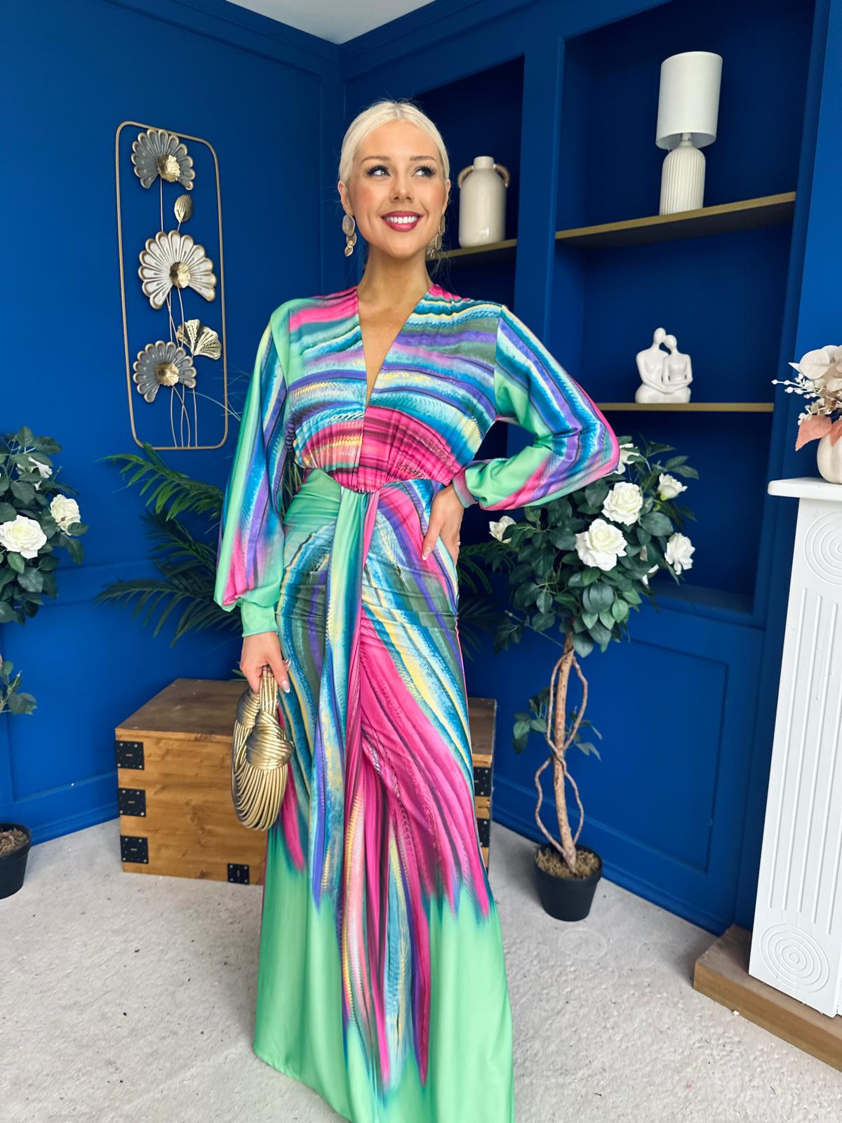 Catriona Plunge Neck Drape Detail Maxi Dress Green
