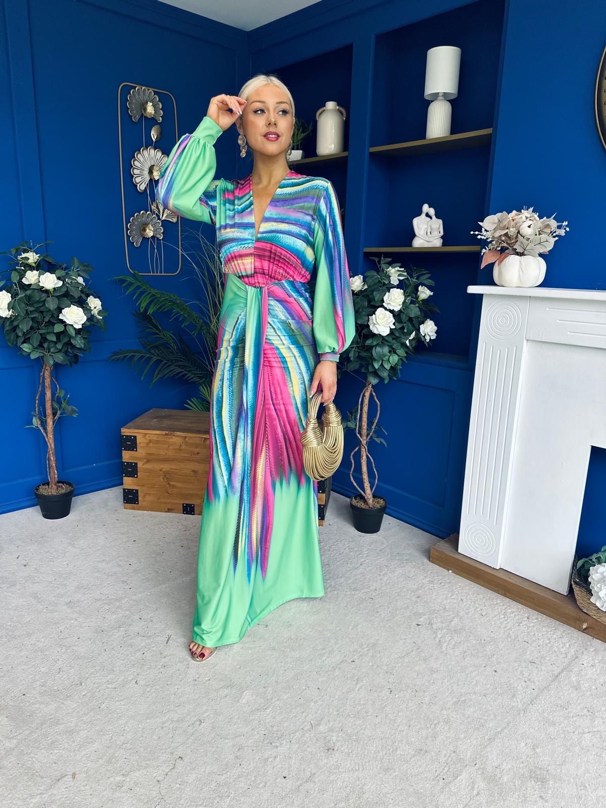 Catriona Plunge Neck Drape Detail Maxi Dress Green
