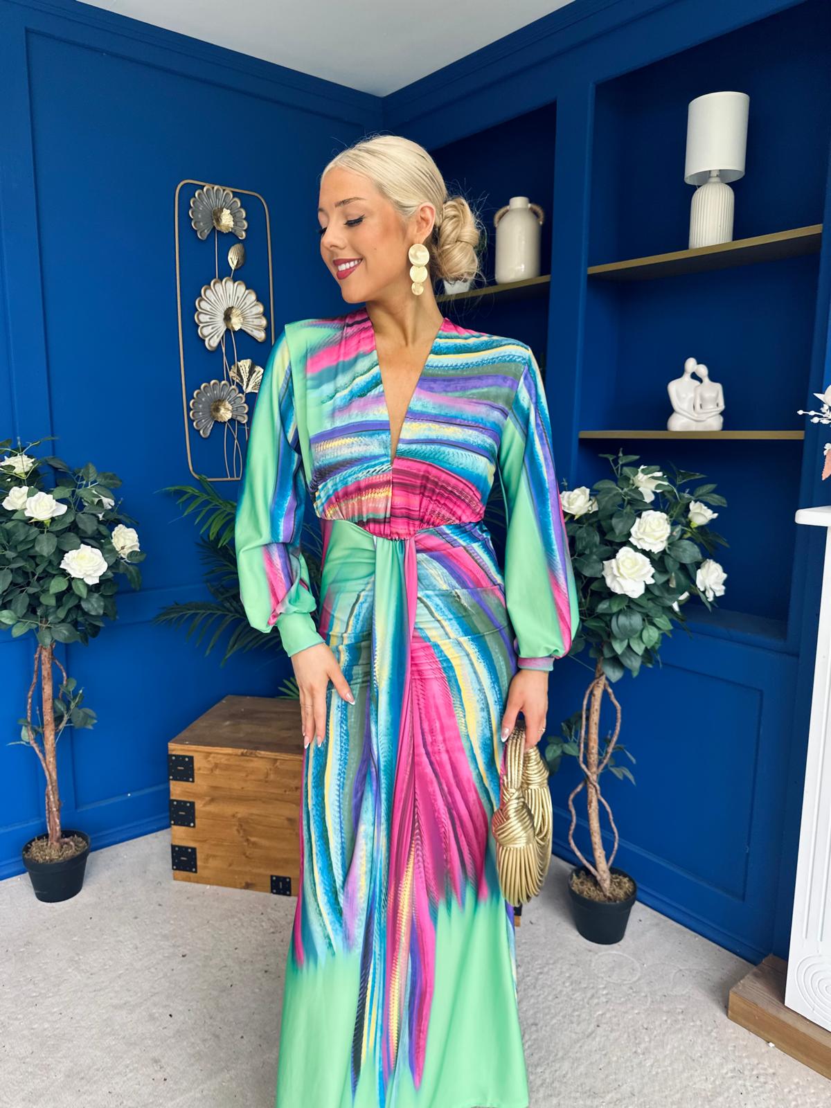 Catriona Plunge Neck Drape Detail Maxi Dress Green