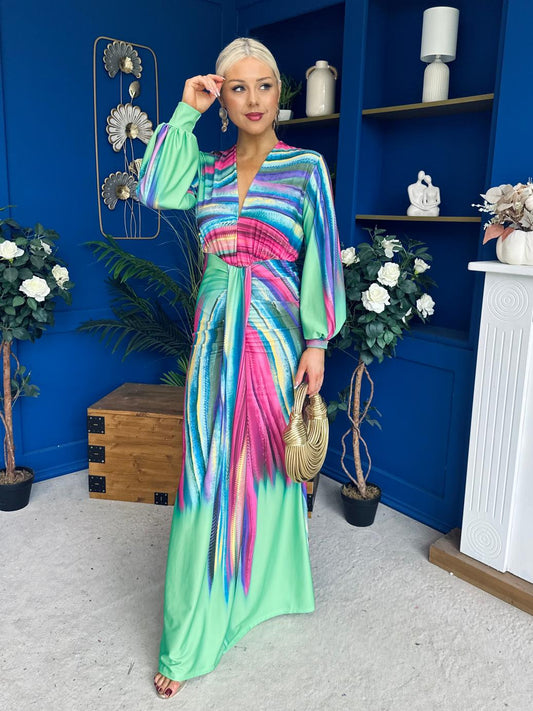 Catriona Plunge Neck Drape Detail Maxi Dress Green