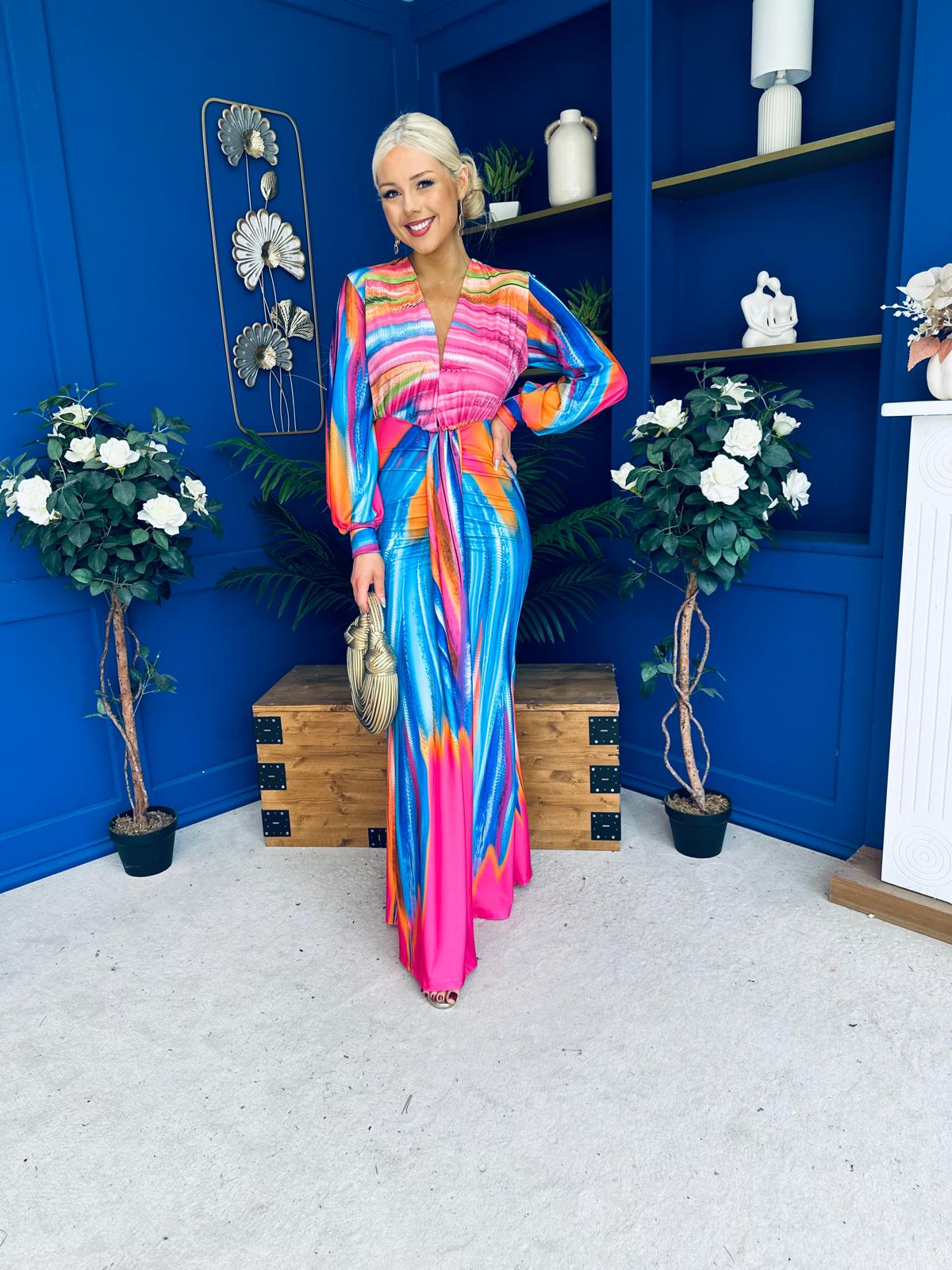 Catriona Plunge Neck Drape Detail Maxi Dress Fuchsia