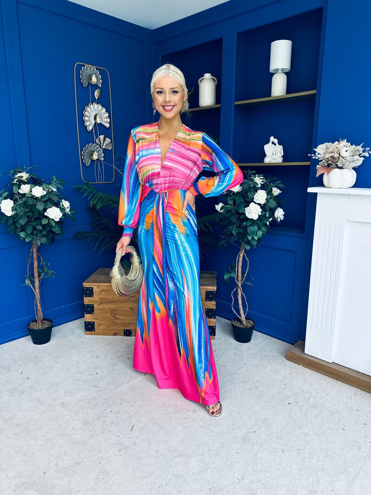 Catriona Plunge Neck Drape Detail Maxi Dress Fuchsia