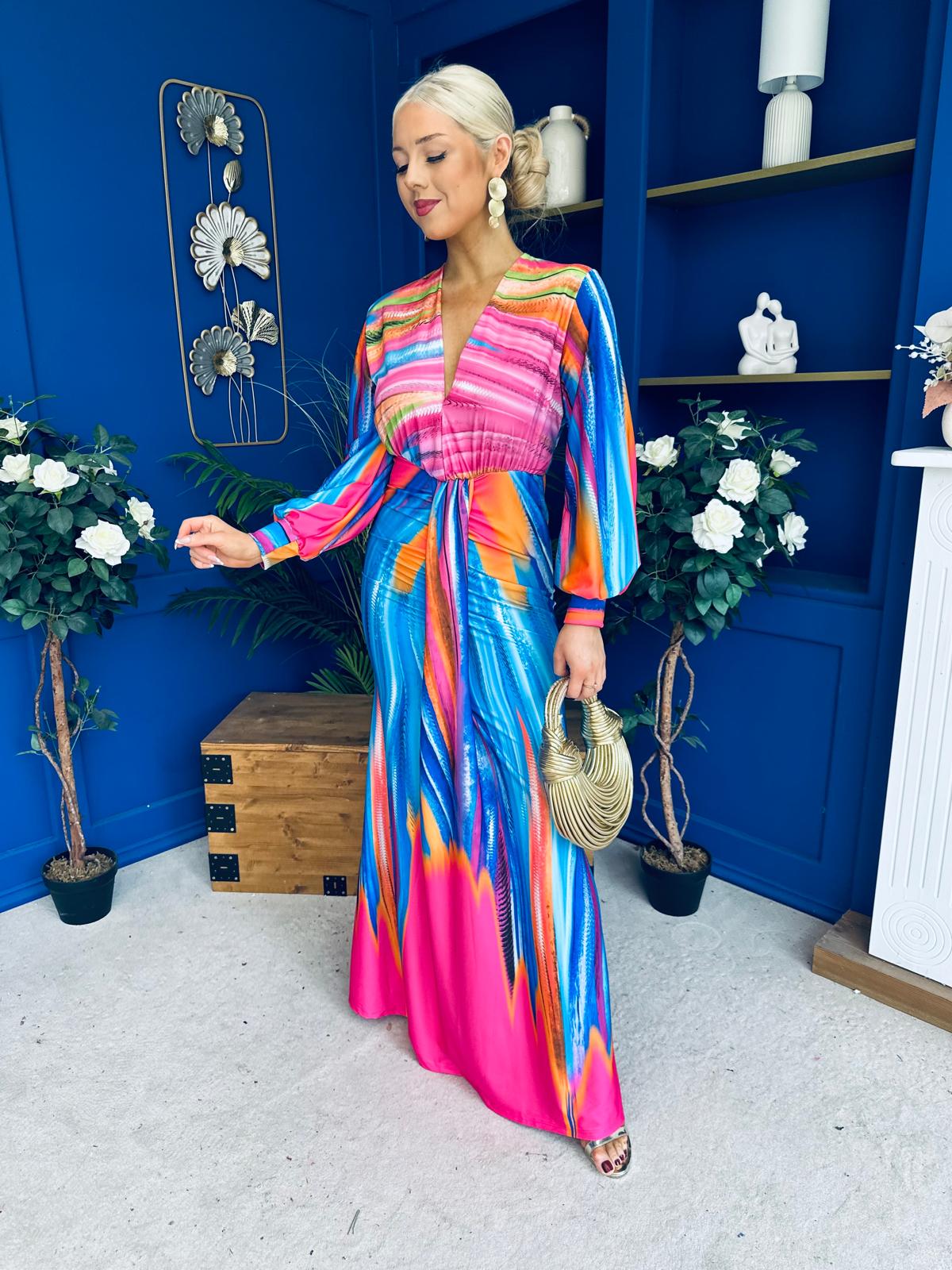 Catriona Plunge Neck Drape Detail Maxi Dress Fuchsia