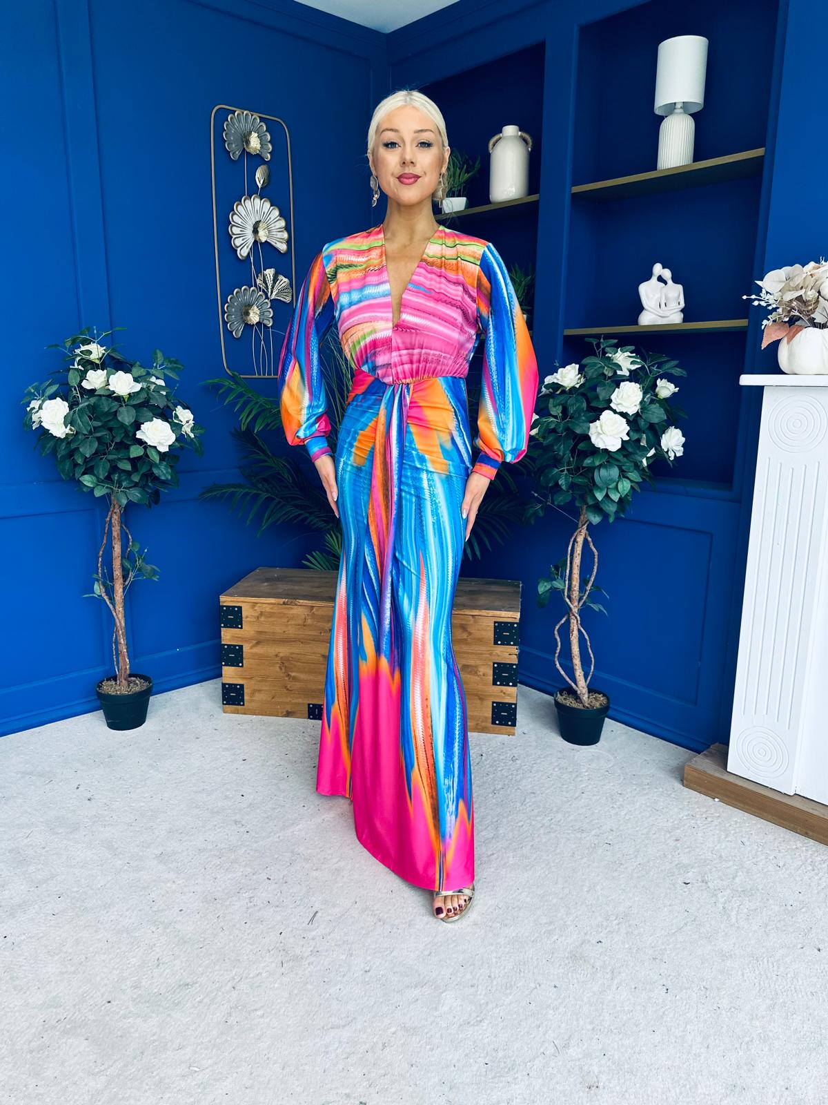 Catriona Plunge Neck Drape Detail Maxi Dress Fuchsia