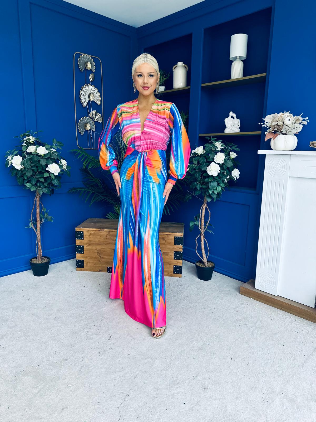 Catriona Plunge Neck Drape Detail Maxi Dress Fuchsia