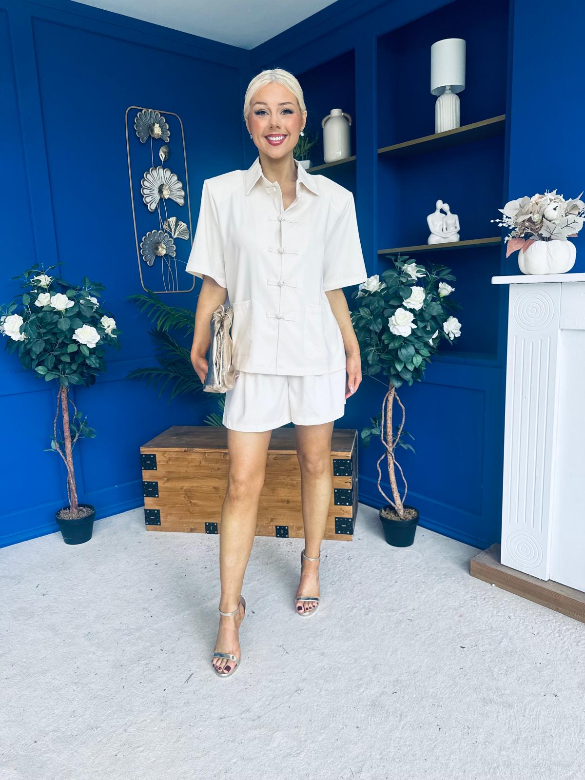 Jackie Detailed Oversized Shirt & Short Set Cream