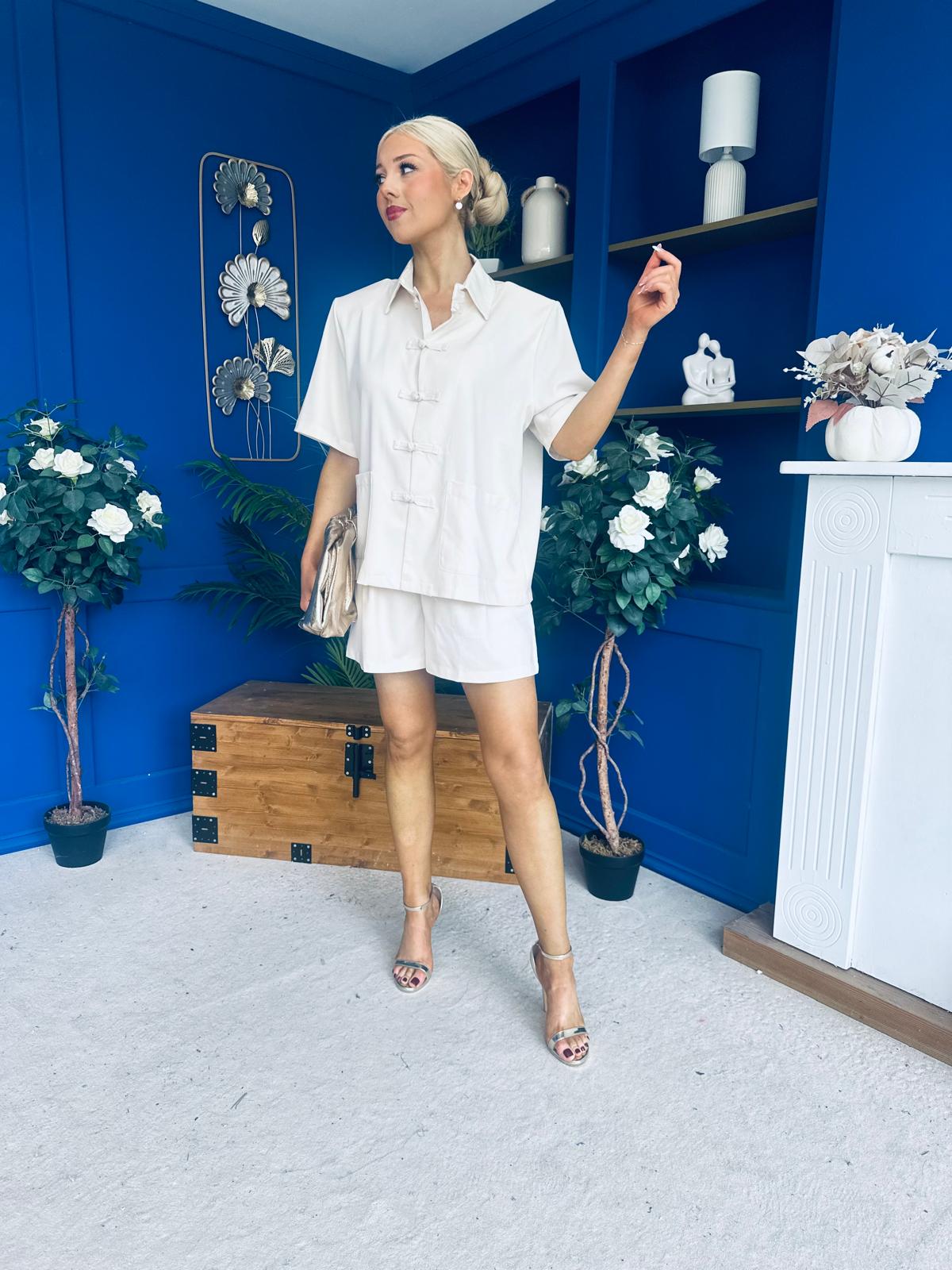 Jackie Detailed Oversized Shirt & Short Set Cream